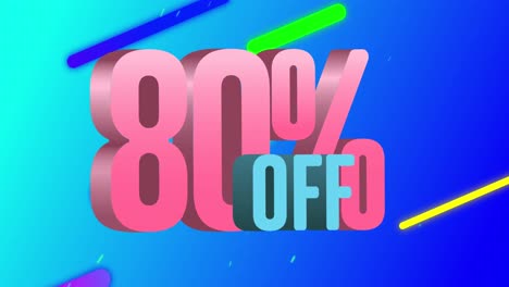 Animation-of-80-percent-off-on-blue-background-with-colorful-shapes