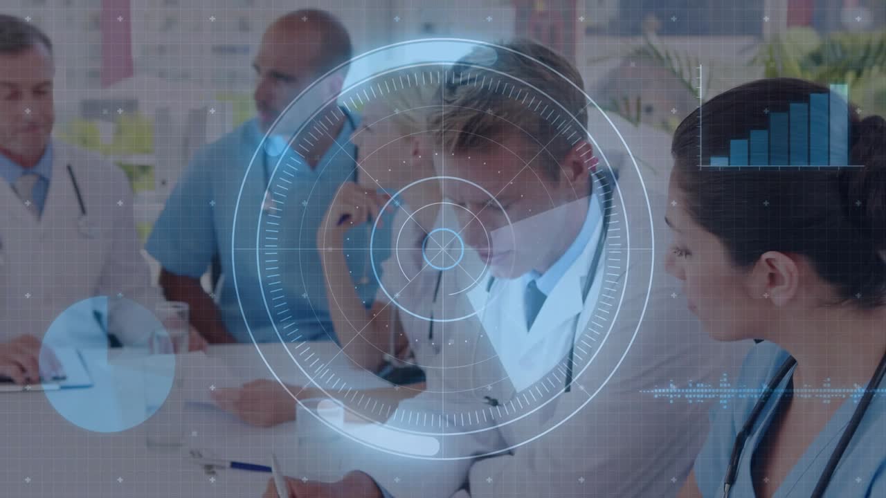 Medical team tapping tablet and analyzing patient data in meeting, with HUD guiding discussion