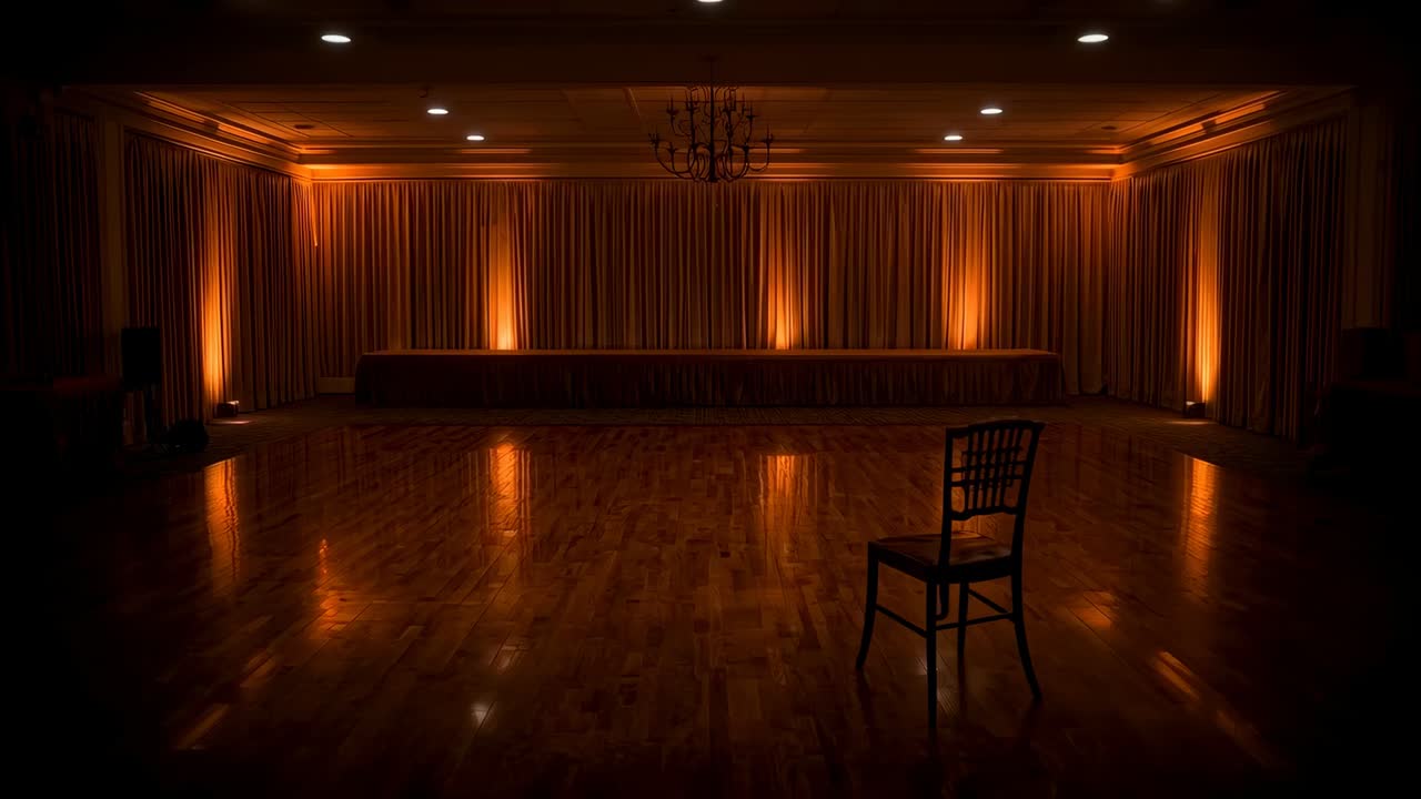 Starting spotlight brightening single wooden chair on ballroom floor, lighting test, copy space