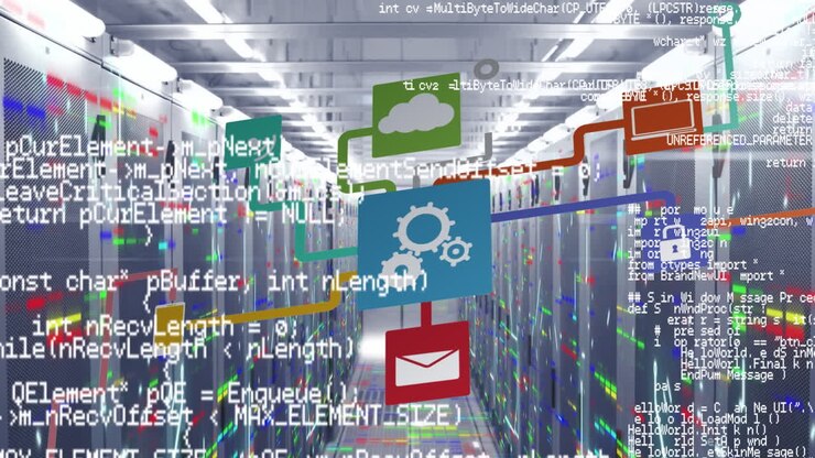 Animation of cloud icon with connections, data processing over computer servers