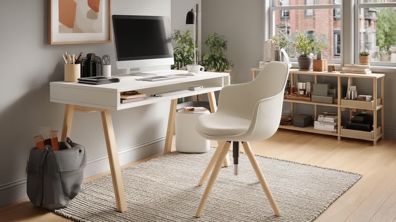 Modern Home Office Setup Featuring Sleek Desk, Minimalistic Chair, and Cozy Decor to Enhance Productivity and Style in a Bright, Inviting Workspace