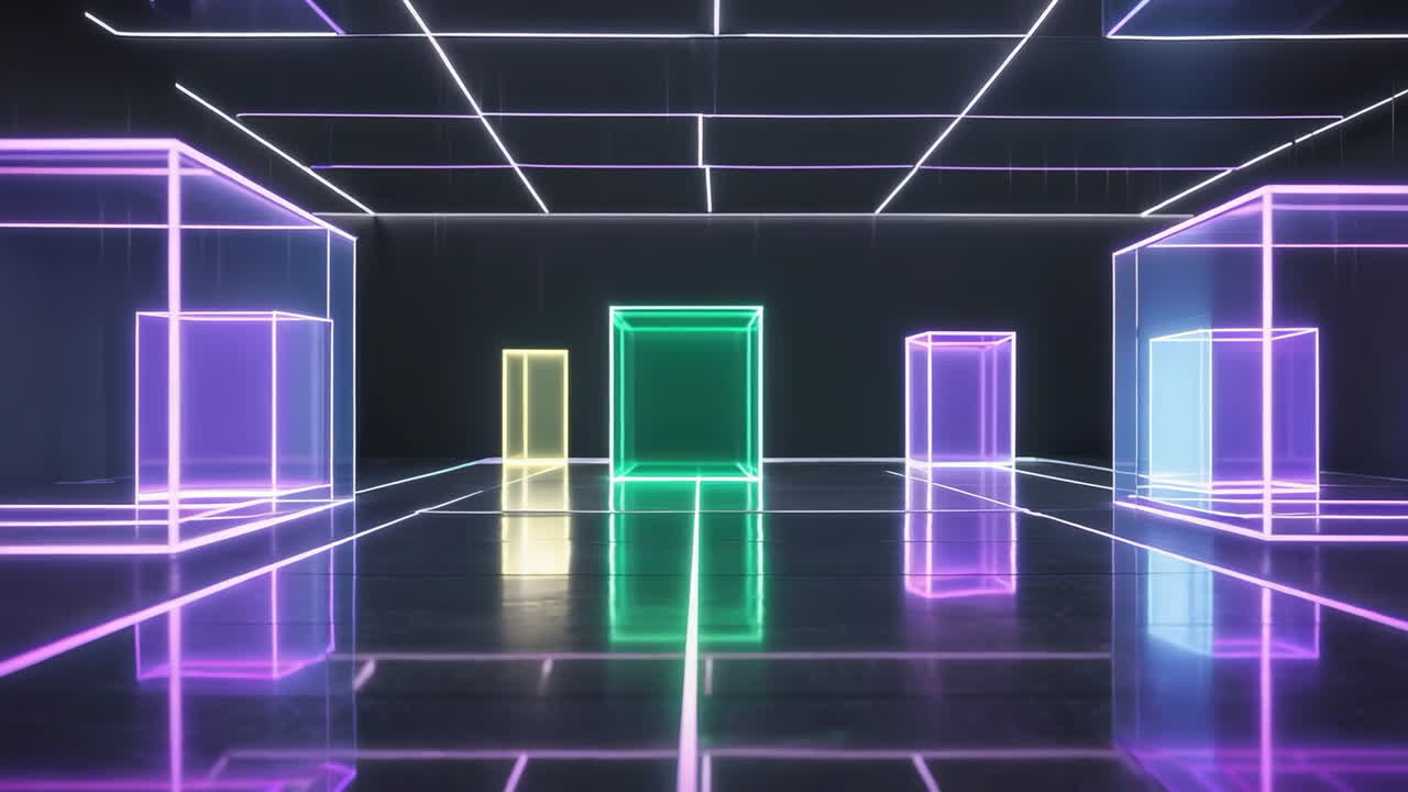 Futuristic Neon Cubes in a Geometric Grid Room