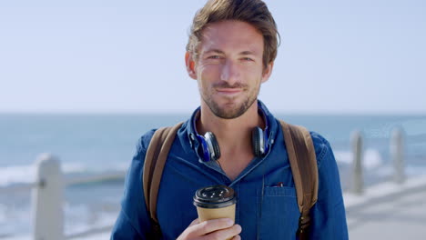 man, smile portrait and coffee on beach for travel