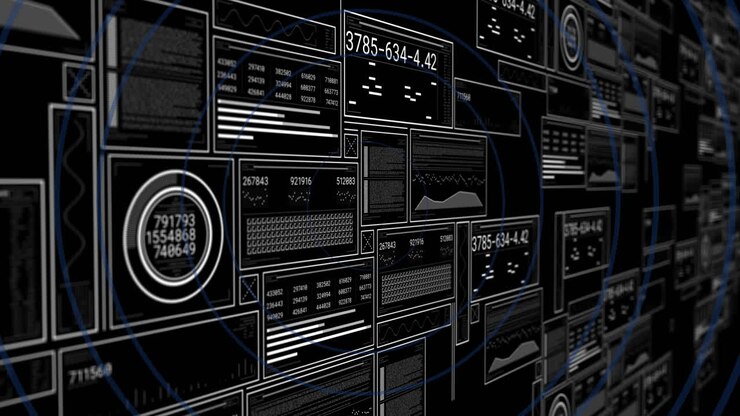 Animation of interface with data processing over blue concentric circles against black background