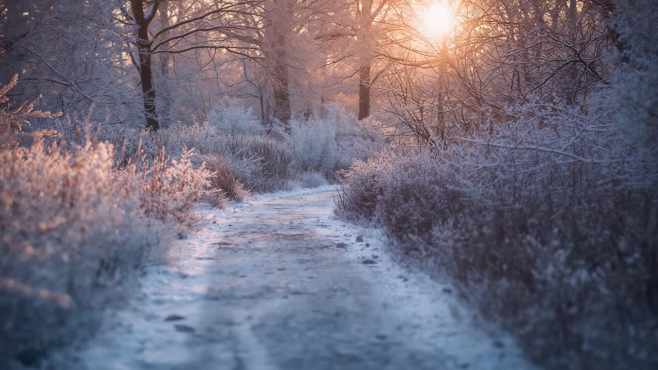 En opgående sol lyser en sneklædt snoet sti op gennem en frostklar skov og skaber et gyldent skær på buskene