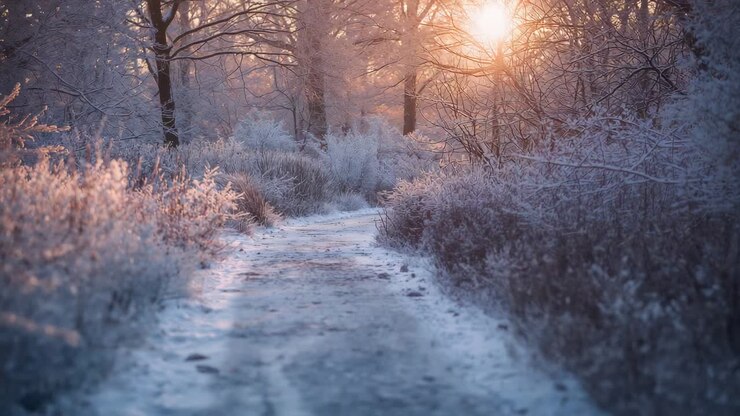 En opgående sol lyser en sneklædt snoet sti op gennem en frostklar skov og skaber et gyldent skær på buskene