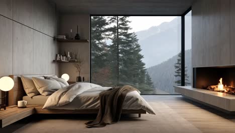 modern minimalist bedroom with a panoramic mountain view