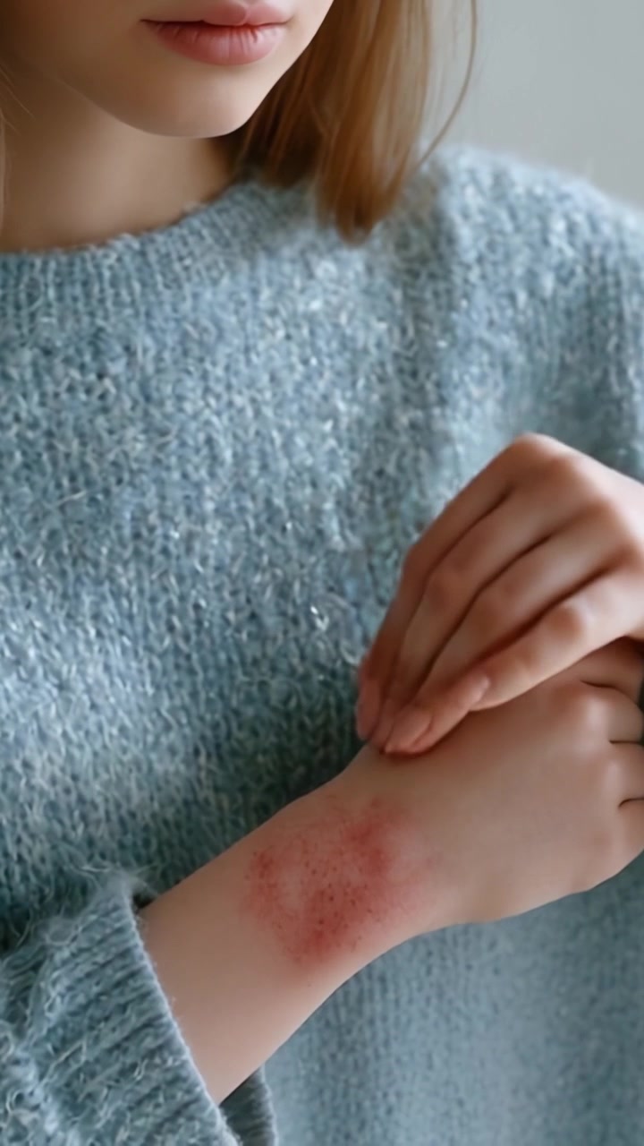 Un Primo Piano della Mano di una Persona con Irritazione Rossa sulla Pelle, che Indossa un Maglione Comodo, Evidenziando l'Importanza della Cura e della Consapevolezza della Pelle