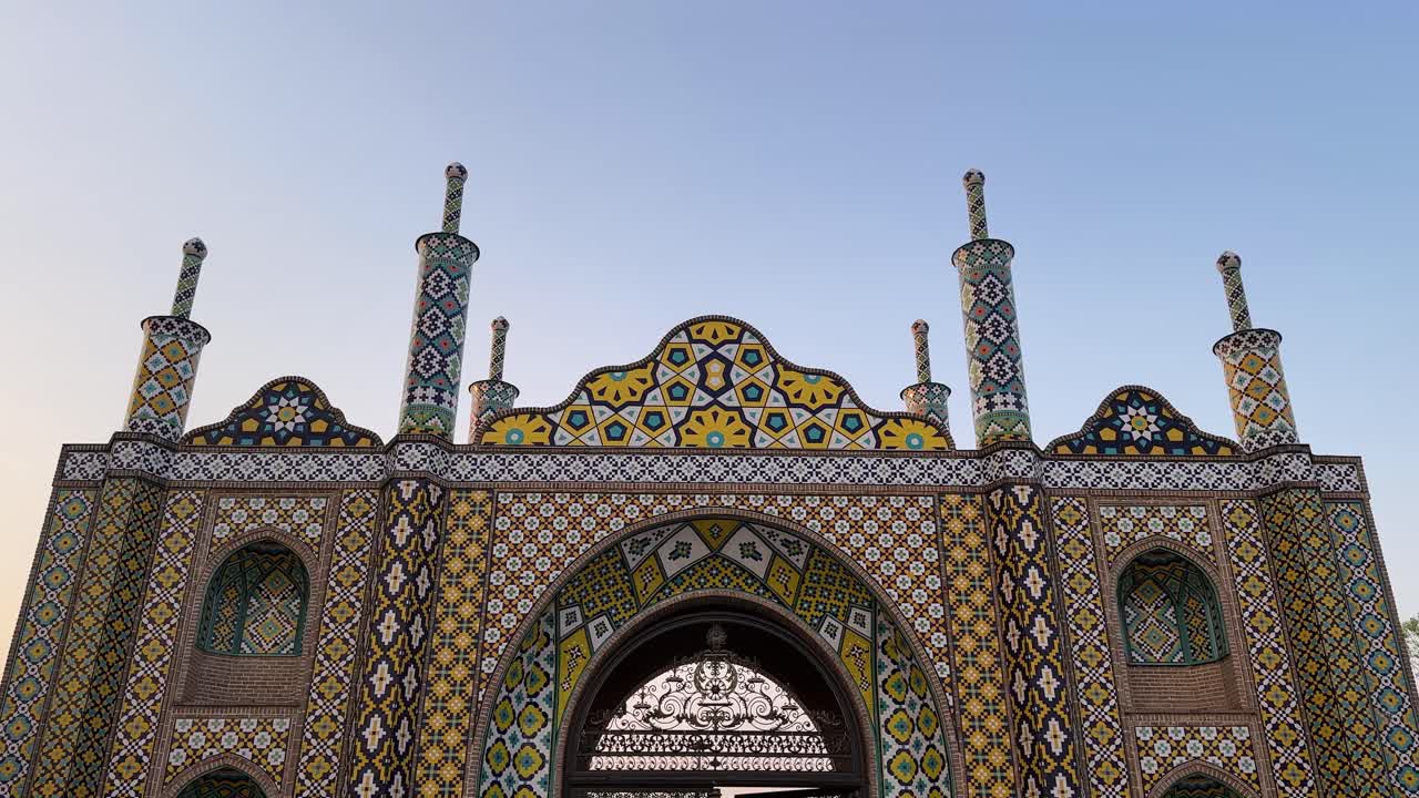 Symmetric Islamic architecture ancient arch minaret old design brick minaret traditional design historic landmark sandstone portal perspective cultural heritage ruins Delhi Tehran Iran UNESCO travel