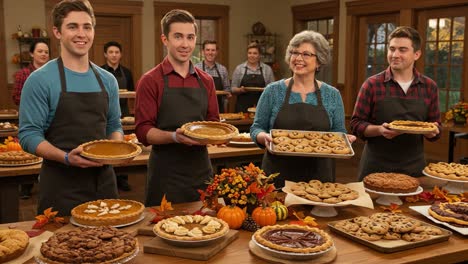 a group of happy bakers with a table full of homemade pies, cookies, and fall desserts