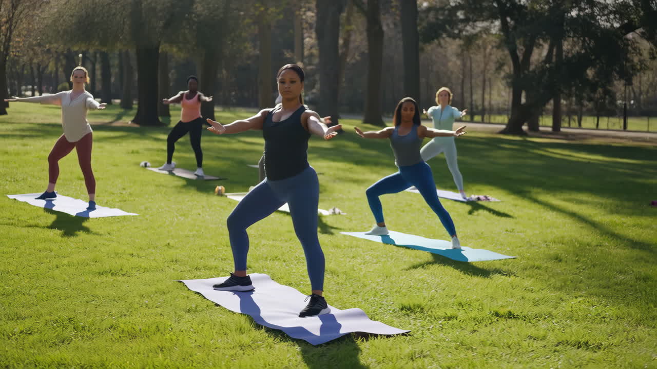 Women doing outdoor yoga or fitness in a park