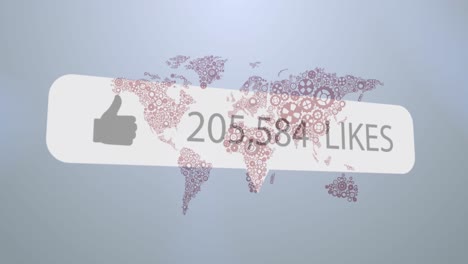 animación de un icono similar con números crecientes sobre el mapa del mundo contra un fondo gris