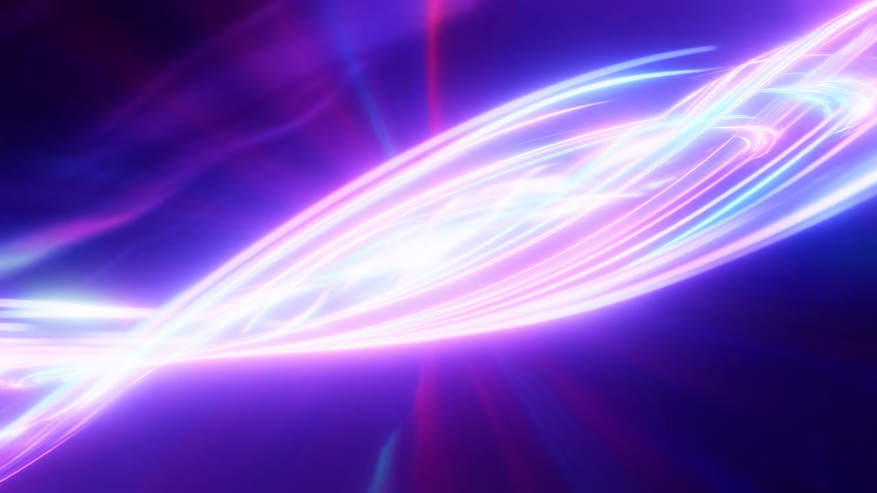 Neon Ribbon Of Glowing Light, Fluid Motion Across Purple And Blue Gradients, Luminescent Trails And Particles,