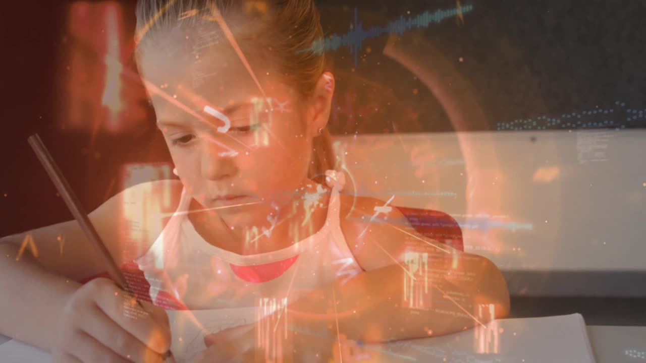 교실에서 공부하는 백인 소녀 위에 번호가 바뀌고 빛나는 터널의 애니메이션