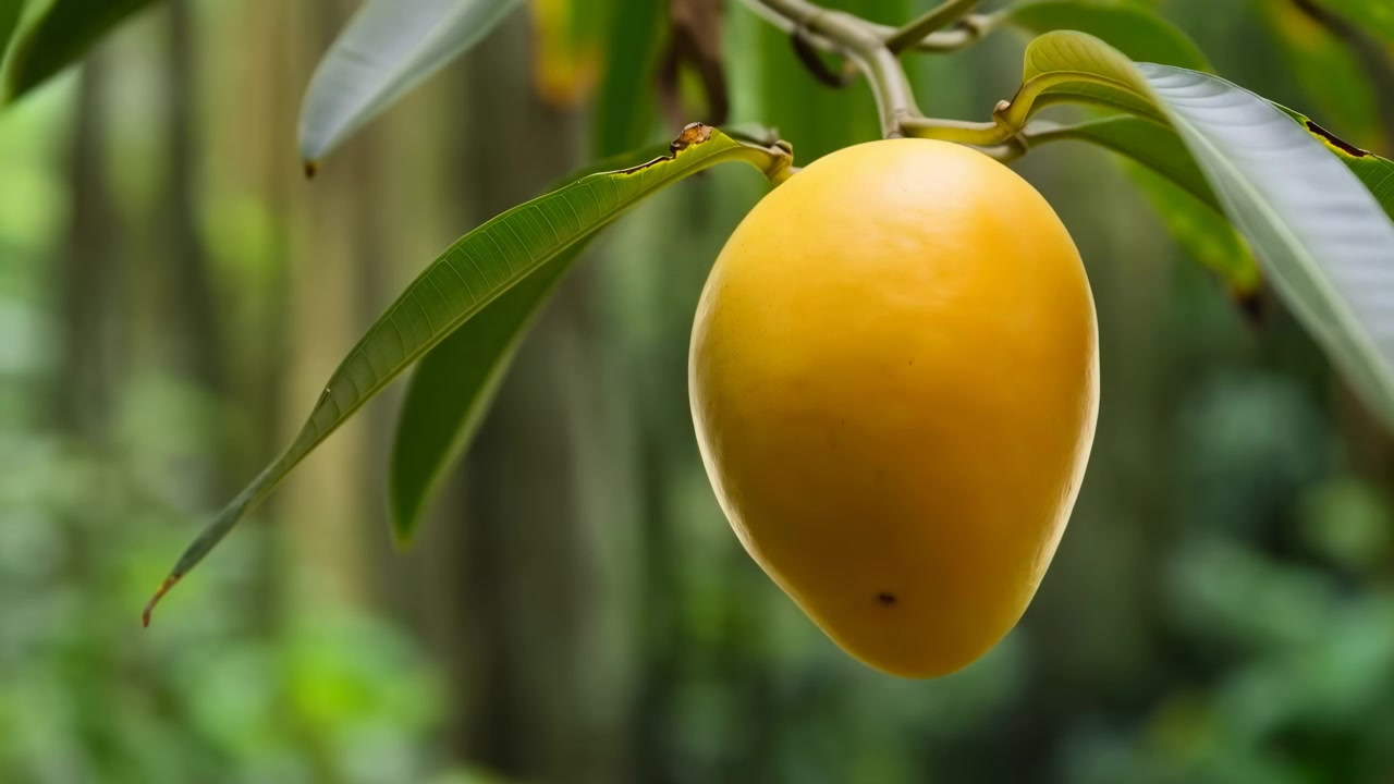 Vista ravvicinata di un singolo mango verde sospeso a un ramo frondoso alla luce naturale del giorno, con fogliame lucido e uno sfondo di giardino tropicale delicatamente sfocato