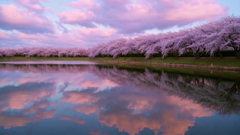 pink clouds reflecting on a calm pond with cherry blossoms