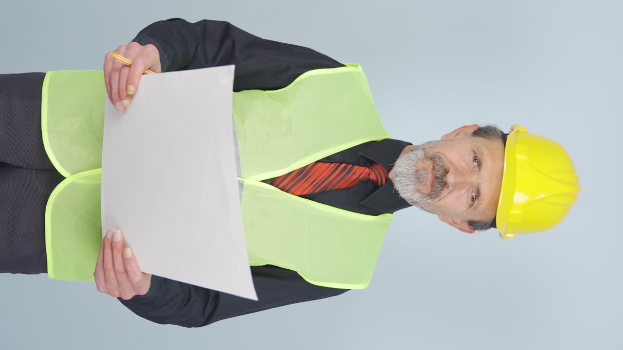 video vertical del viejo ingeniero trabajando en el proyecto.