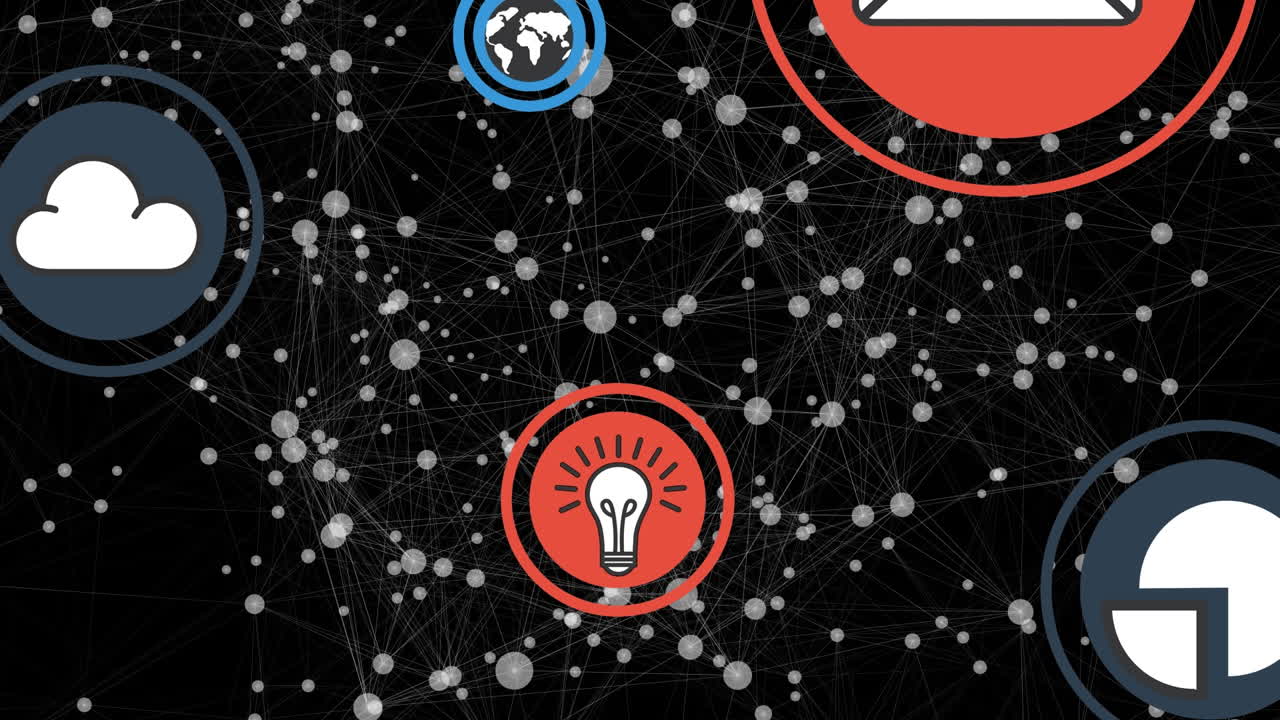Animation of media icons over network of connections