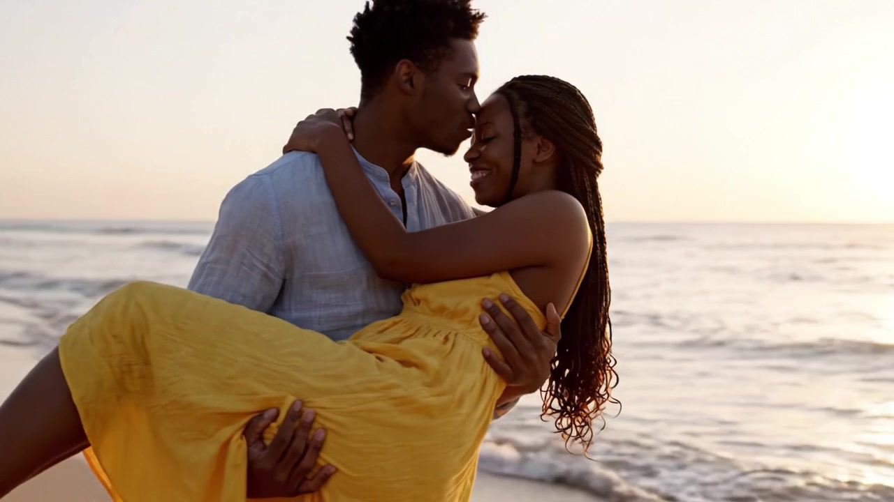 A Romantic Sunset Beach Stroll, Capturing the Essence of Love and Connection as a Couple Enjoys a Serene Evening Walk Along the Shoreline Together