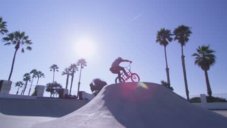 A-BMX-bike-rider-does-a-wheelie-at-a-skatepark