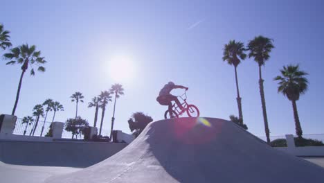 un ciclista de bmx hace un caballito en un skatepark