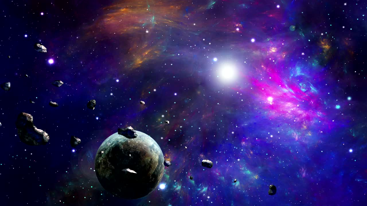 Space scene. Planet and asteroids rotating around light.