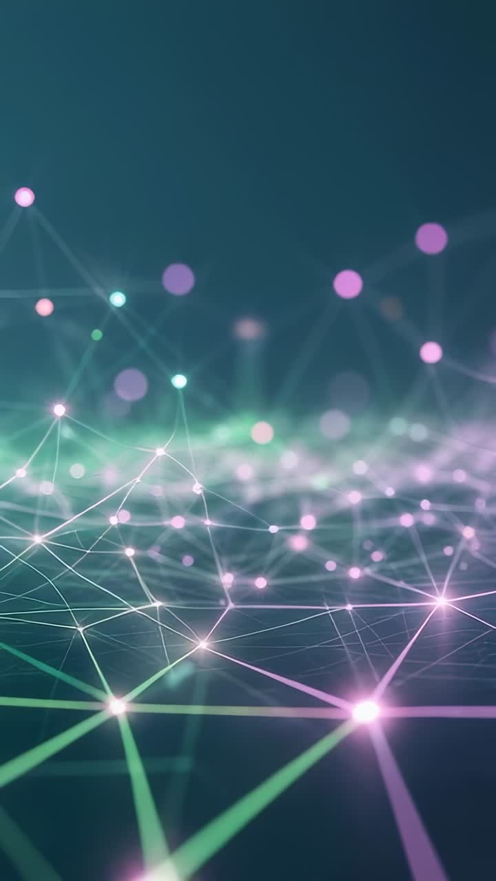 Vertical video: Forming node mesh at startup in teal grid, with shiny lines and drifting orbs