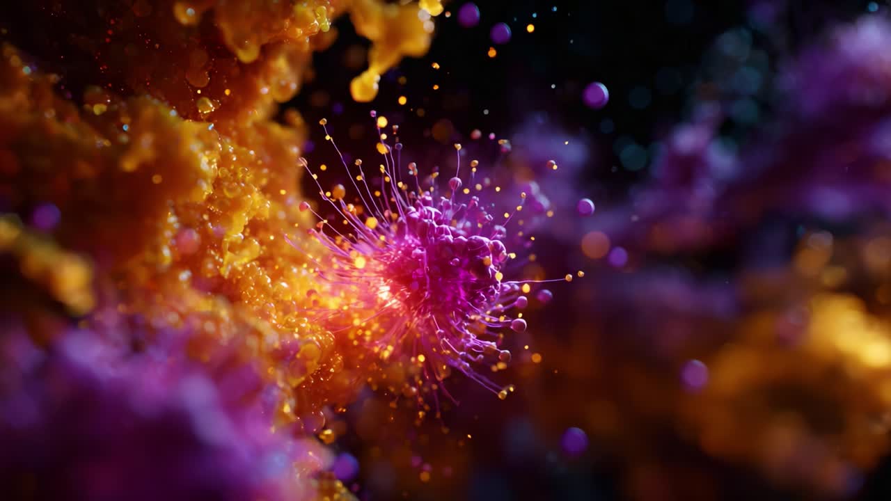 Vibrant Close-Up of Abstract Microorganism Displaying Radiant Colors in a Dark Background with Intricate Details and Captivating Texture Dynamics