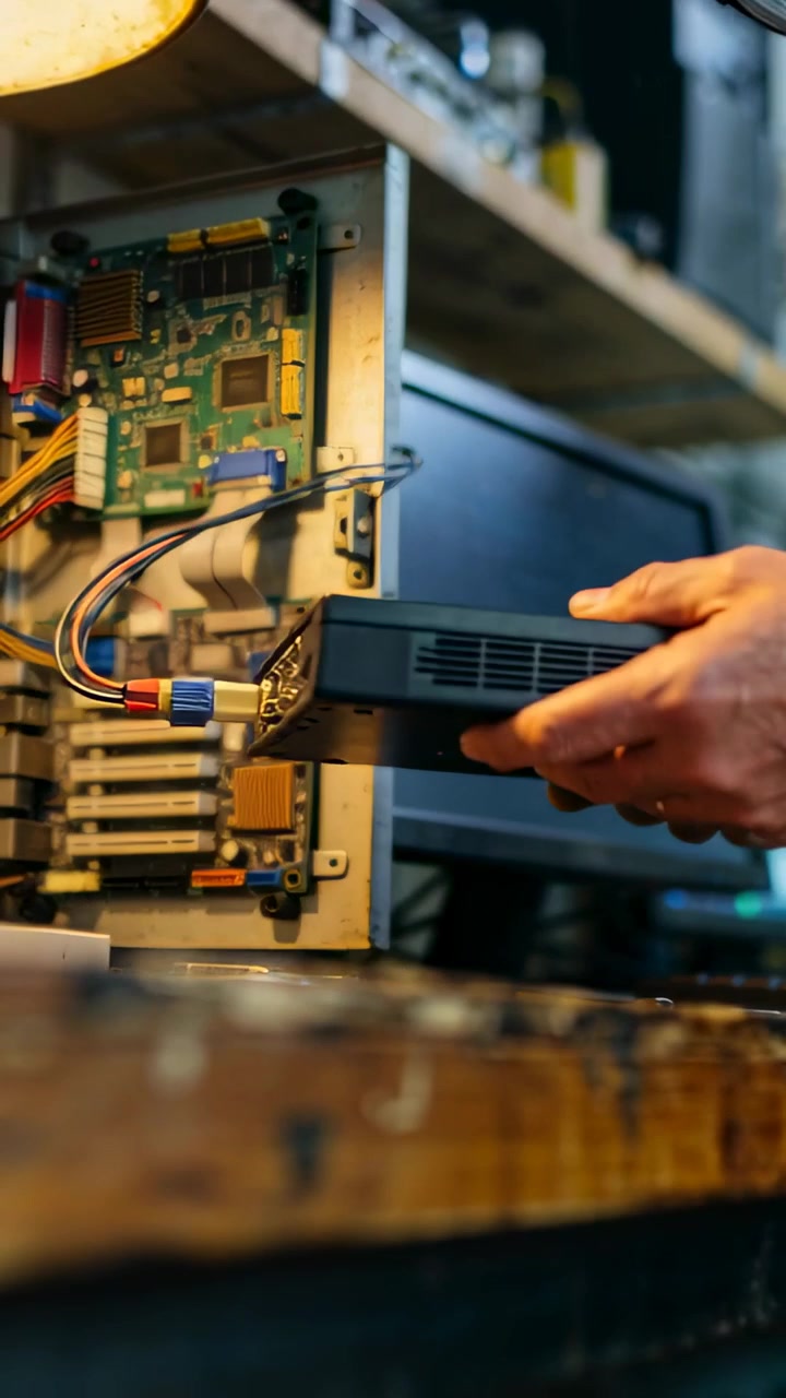 Vertical video: Reaching from right tech hands pulling drive from open chassis at bench, for repair