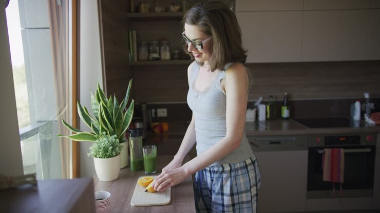 Donna attraente che taglia un'arancia in piedi in cucina