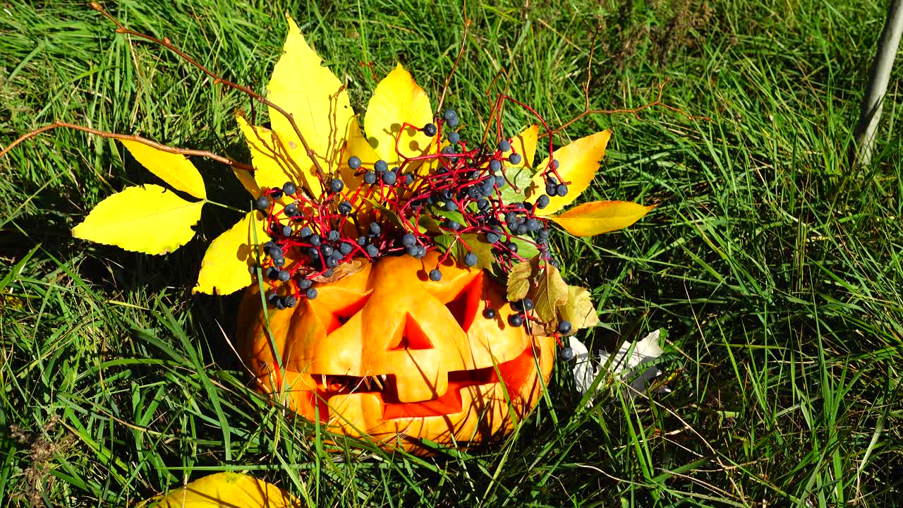 Abóbora assustadora de Halloween. Filmagem em outubro.
