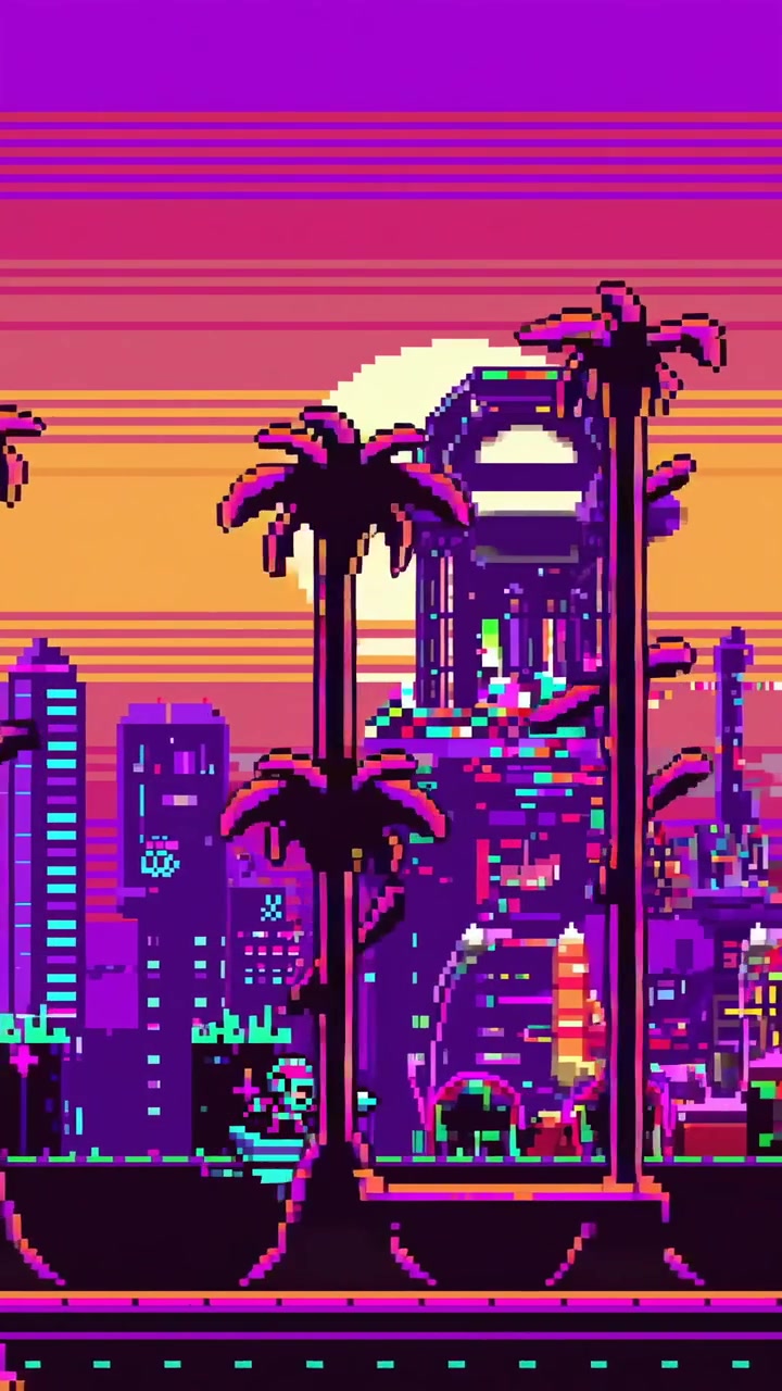 Paesaggio urbano in pixel art retrò con palme e tramonto