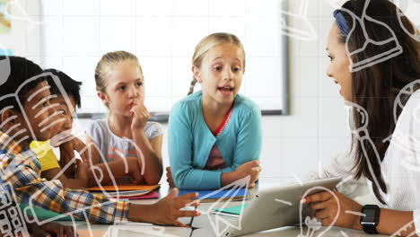 school concept icons against african american female teacher teaching a group of students at school