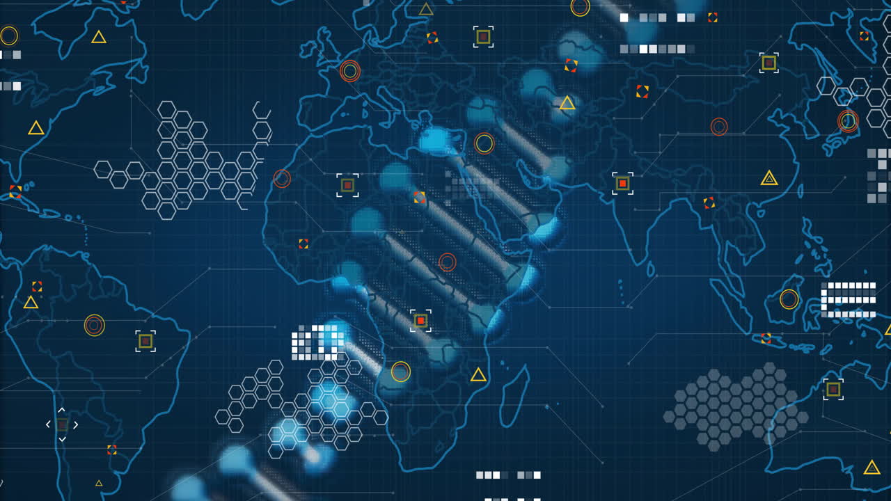 Animation of dna strand over data processing and world map