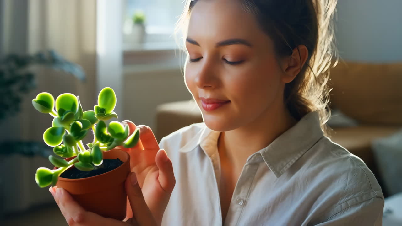 Young Woman Caring for a Potted Succulent Plant