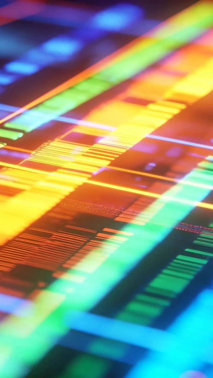 Vertical video: Panning camera moving across glowing data bands in close-up to reveal neon patterns