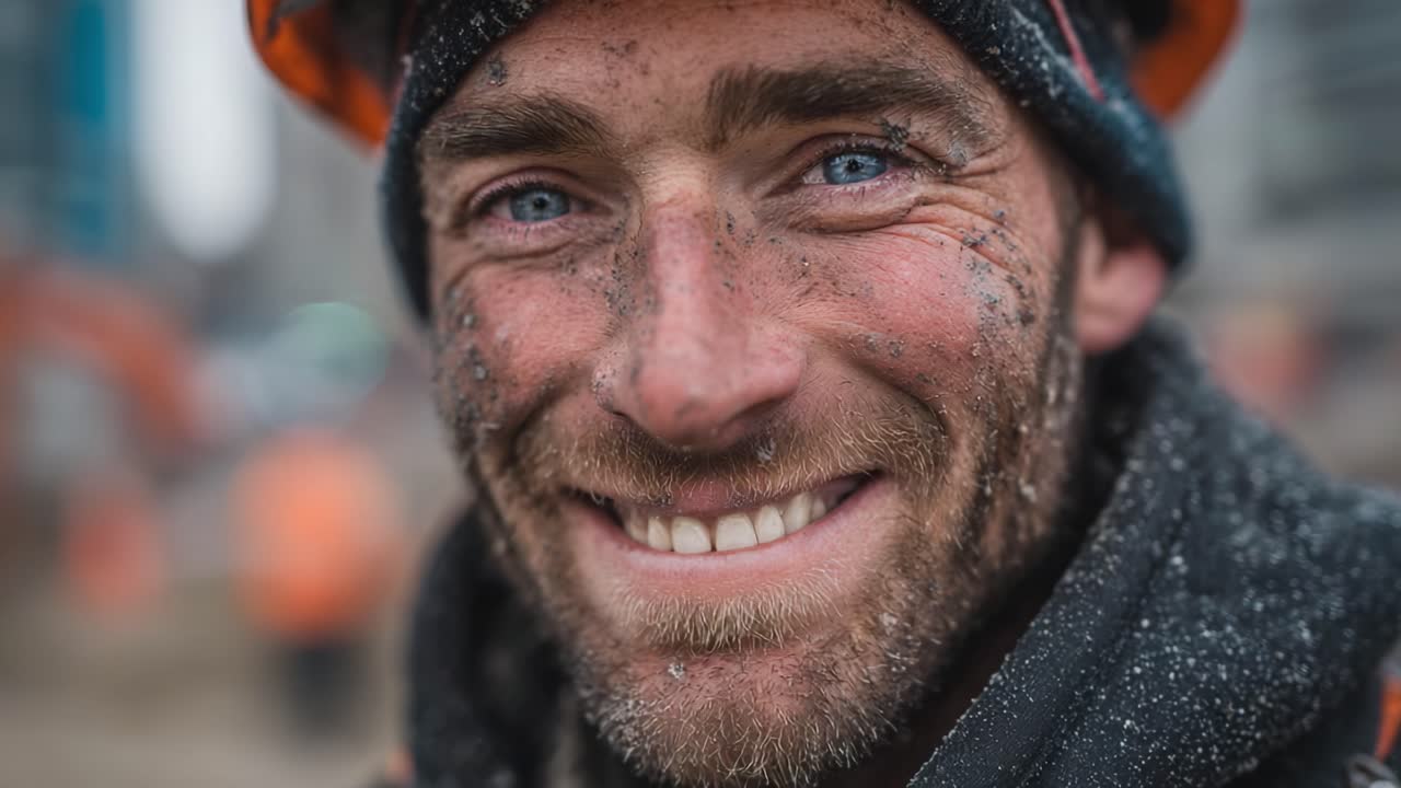 En hardtarbeidende bygningsarbeider viser et ekte smil, som viser besluttsomhet og motstandsdyktighet midt i de støvete omgivelsene på byggeplassen