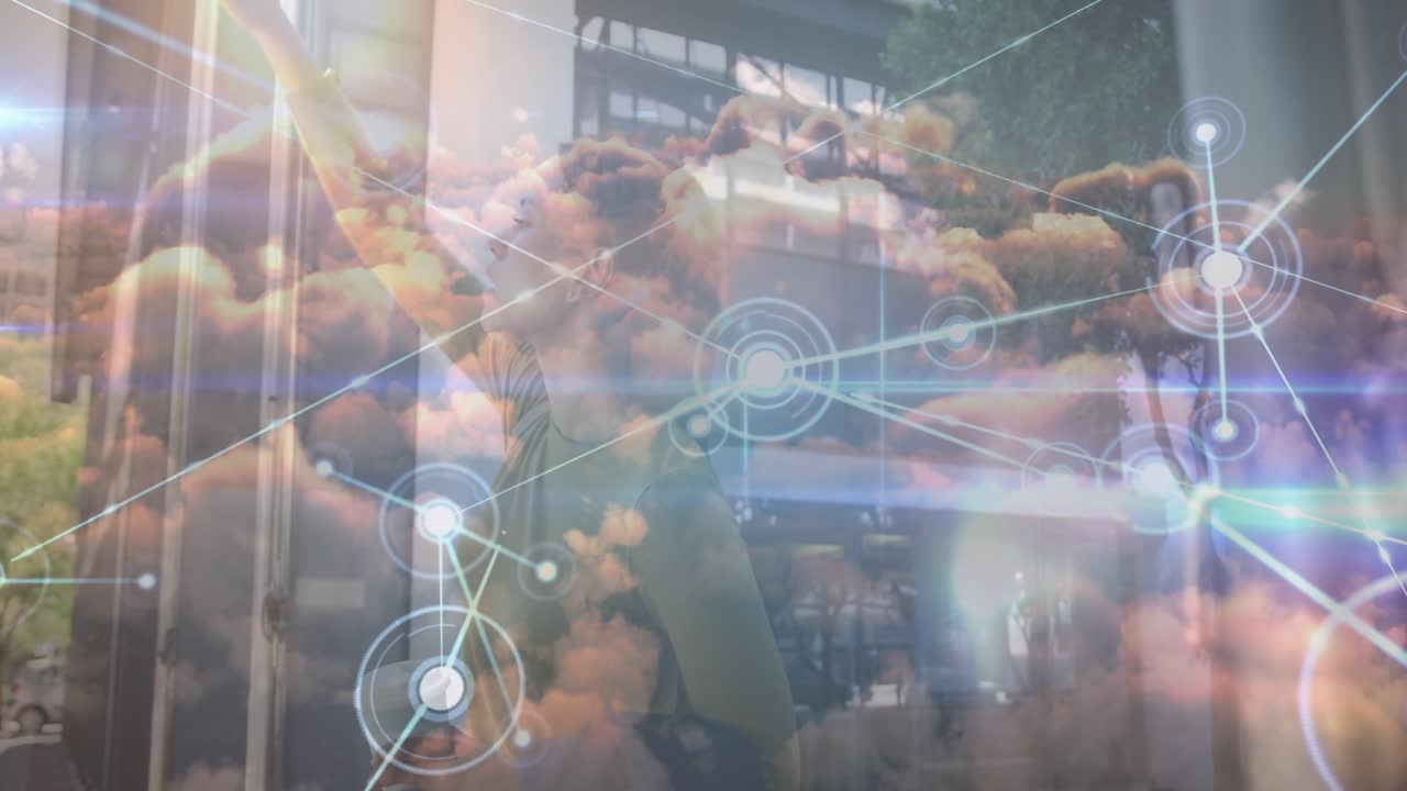 Animation of data processing over african american businesswoman hailing taxi