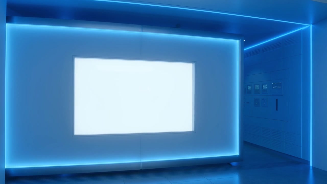 Moderne futuristisk interiør med glødende blå LED-belysning og blank skærm