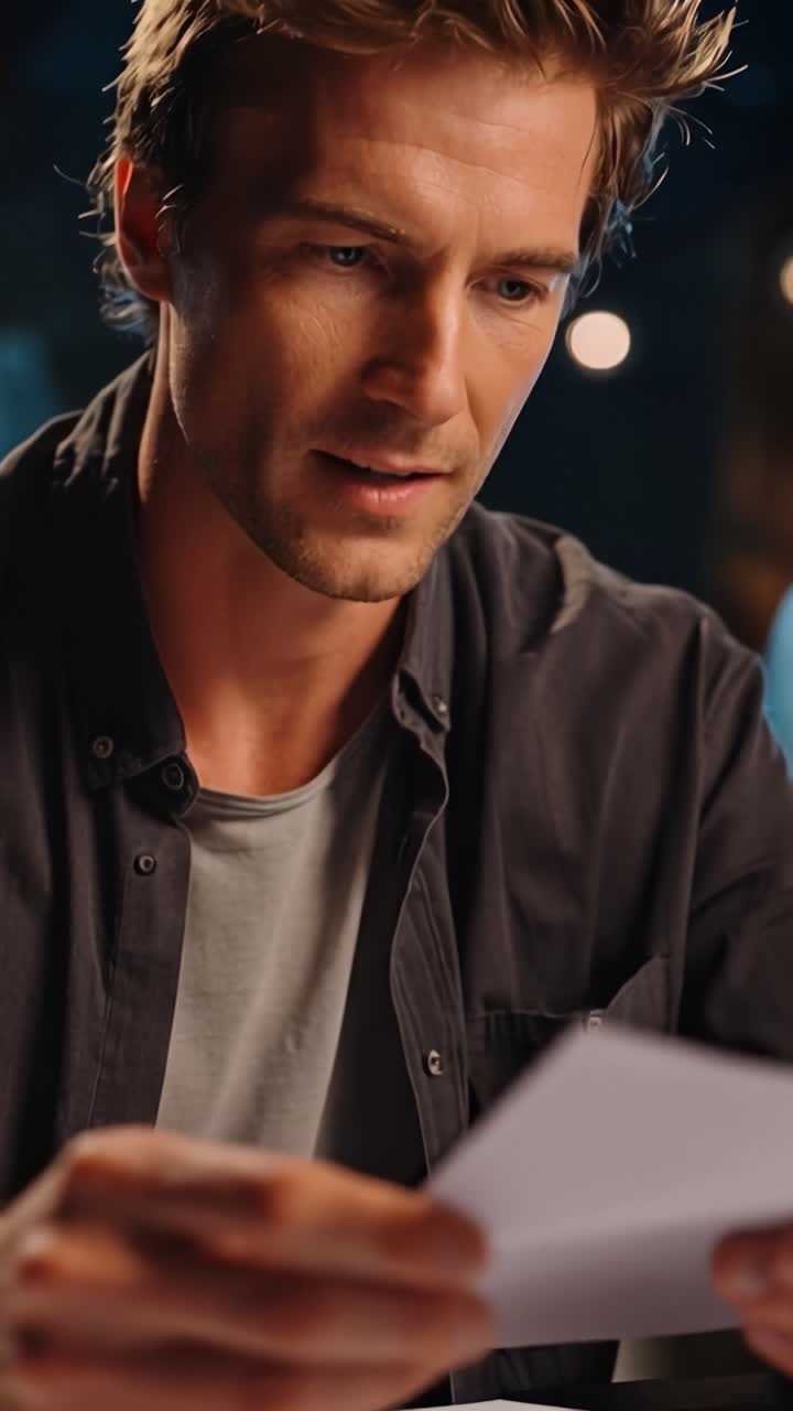 Man reads document, focused, thoughtful. Soft lighting highlights his serious expression. Nighttime setting, blurred background adds depth. Ideal for business, legal, or personal decision scenes