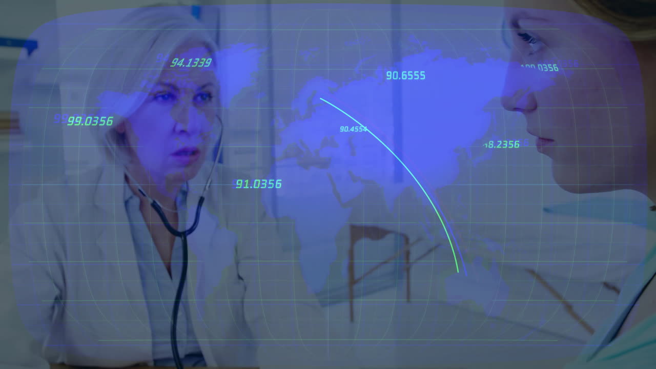 Ve škole, zdravotničtí profesionálové analyzující globální data s animací na mapě světa.