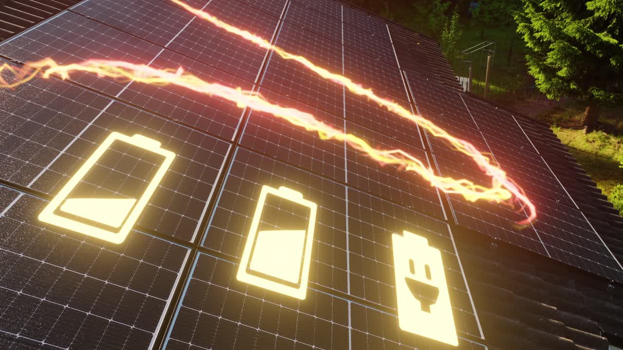 배터리 아이콘, 지붕에 태양 전지를 통해 이동하는 전기- vfx 애니메이션