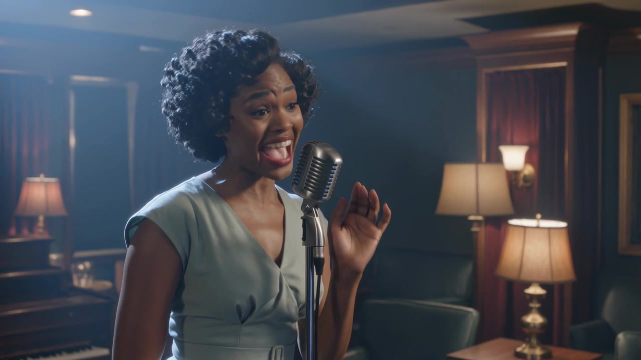Responding to spotlight, singer in blue dress singing in lounge at vintage mic conveying emotion