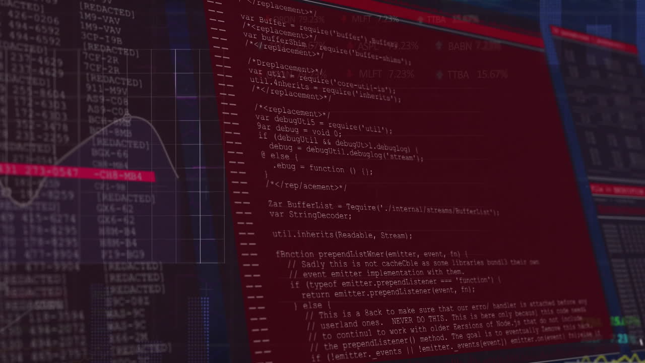 Animation of financial data processing on black background