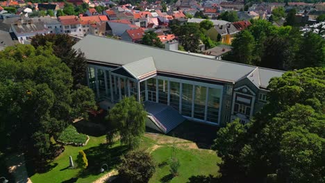 town hall mistelbach, niederösterreich, austria - aerial pan left