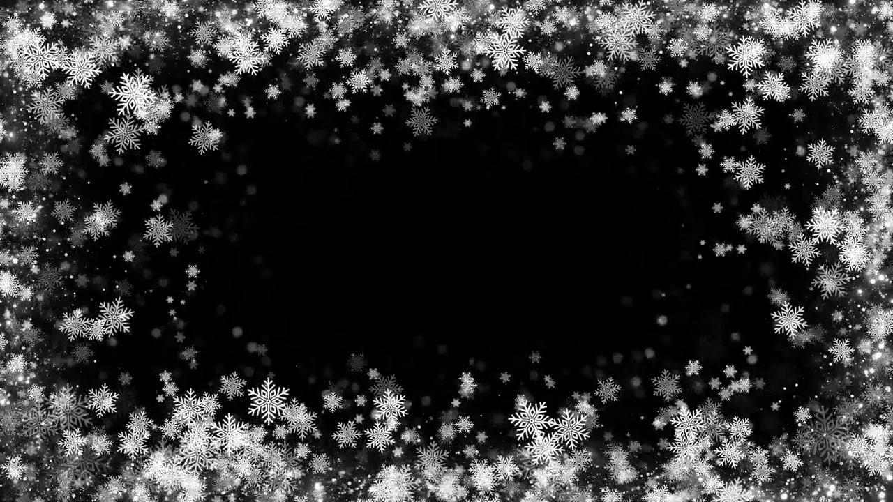 Black winter frame background white snow flakes frosty border soft bokeh and empty center space