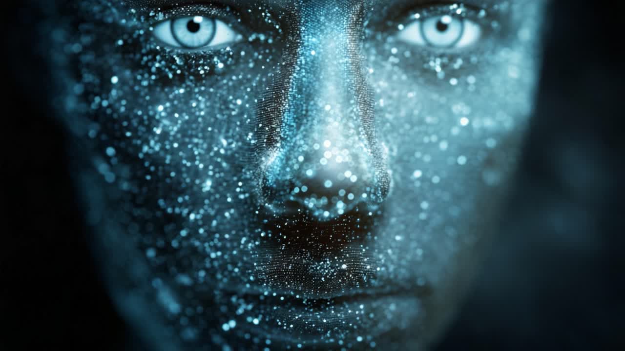 Primo piano di un volto umanoide futuristico fatto di particelle blu luminose che si materializza lentamente e apre gli occhi, a rappresentare la nascita dell'intelligenza artificiale e della coscienza digitale