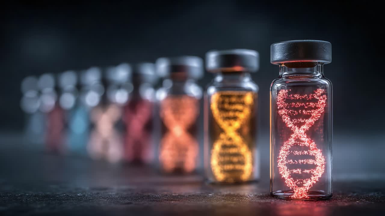 Misternie wykonane i kolorowe szklane fiolki wyświetlające podświetlone nici DNA, symbolizujące zaawansowane badania genetyczne i innowacje biotechnologiczne.