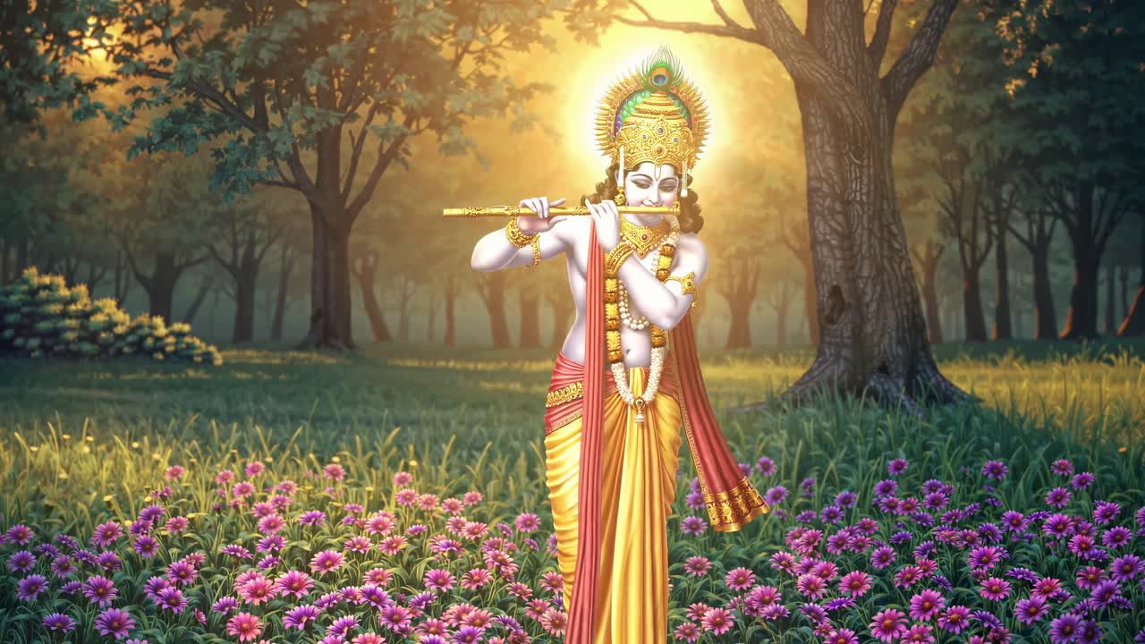 A vibrant illustration of a deity playing a flute in a forest, viewed from a low angle