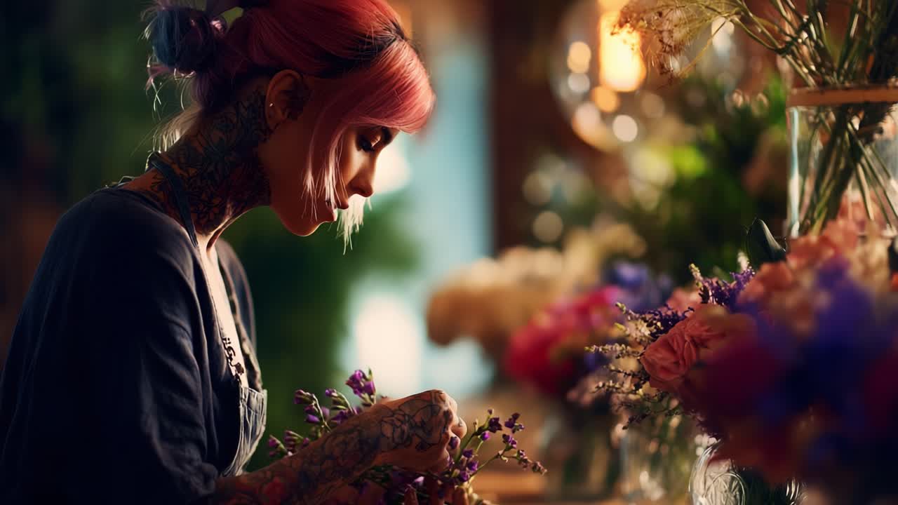 A Creative Florist Skillfully Arranging a Beautiful Bouquet Surrounded by a Vibrant Selection of Flowers in a Cozy and Inviting Floral Studio Setting